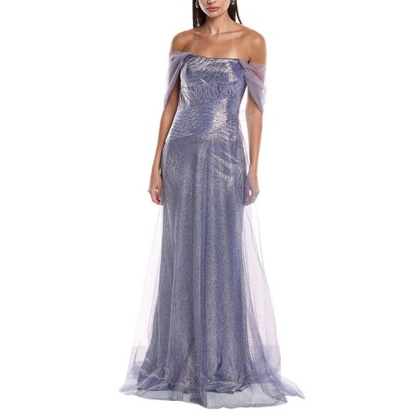 Rene Ruiz WomensOff-Shoulder Metallic Gown Purple